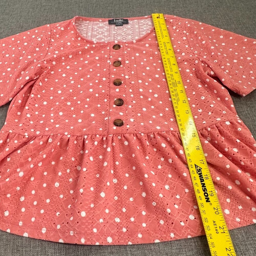 Belle By Belldini Peplum Top Polka Dots Peachy Pink Round Neck Wide Short Sleeve - Picture 3 of 8